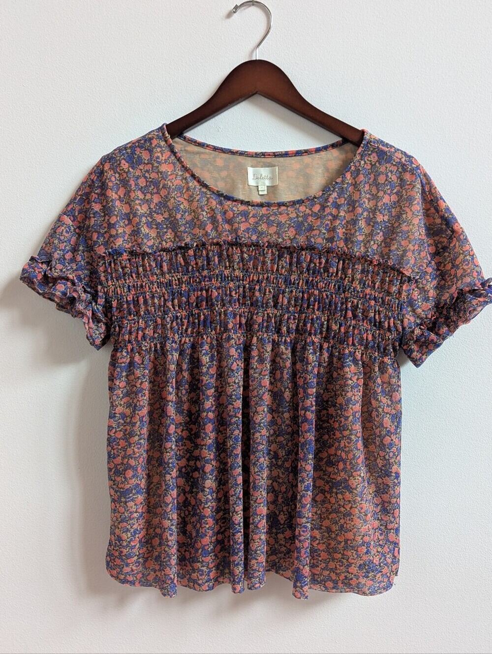 Anthropologie Deletta Blouse Medium Women's Floral Smocked Semi Sheer